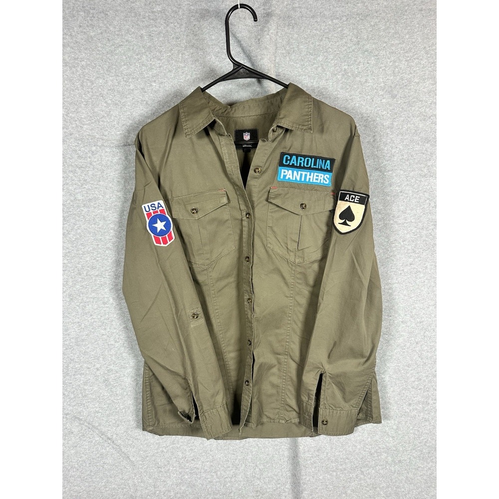 Carolina Panthers NFL Team Apparel Women's L Military Shirt Jacket Olive Patches